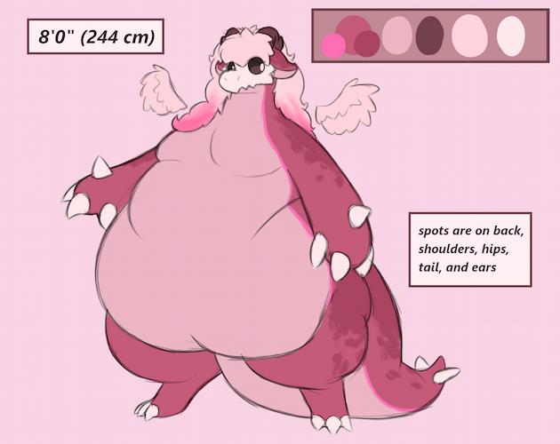 a drawing of a very large dragon creature with a red body. they have a skull mask on their face. information on the ref displays their height (8 feet tall, 244 centimeters) and shows a swatch of their colors. other information reads, 'spots on back, shoulders, hips, tail, and ears.'